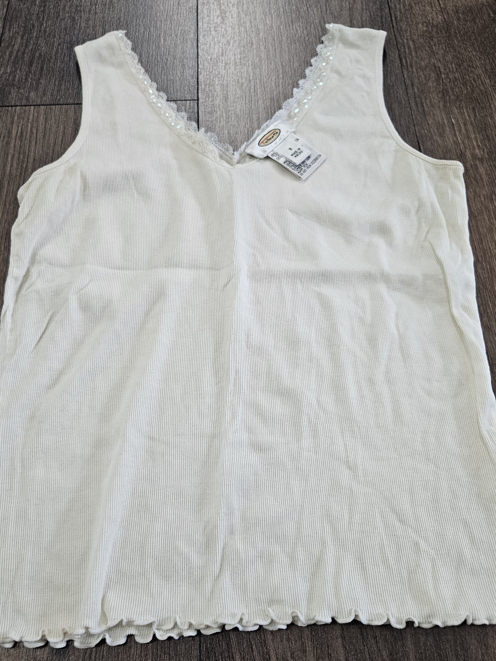 Talbots Cream Tank Top With Lettuce Hem & Embellished Neckline Size S